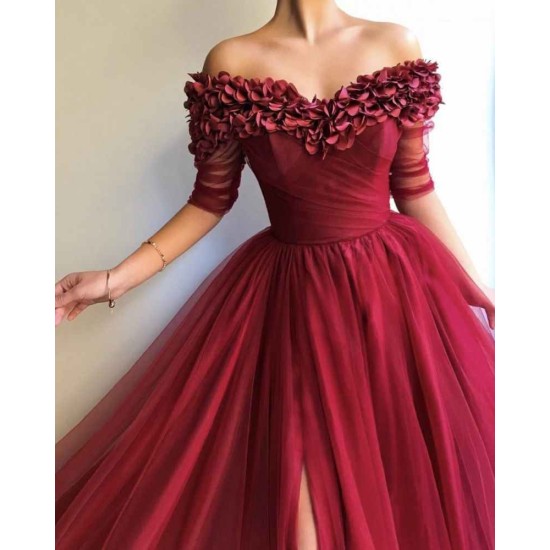 Burgundy A-line Off-the-Shoulder Tulle Flower Applique Prom Dresses