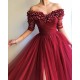 Burgundy A-line Off-the-Shoulder Tulle Flower Applique Prom Dresses