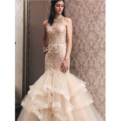 Elegant Mermaid Light Champagne Tulle High Neck Beading Prom Party Gowns| Evening Dress