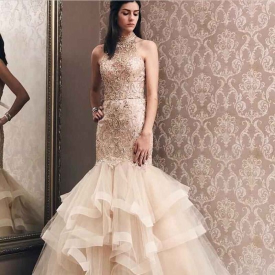 Elegant Mermaid Light Champagne Tulle High Neck Beading Prom Party Gowns| Evening Dress