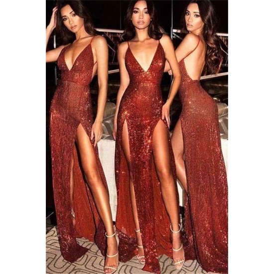 Chic Sequined Spaghetti Strap Front Split Evening Gown