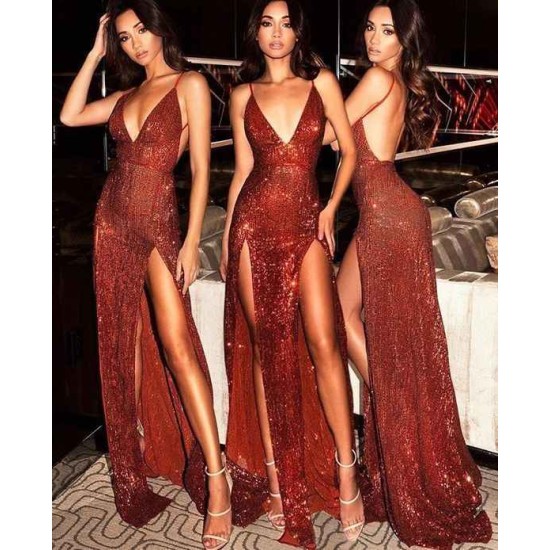 Chic Sequined Spaghetti Strap Front Split Evening Gown