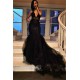Chic V-Neck Mermaid Black Prom Dresses Tulle Sequins Evening Gowns