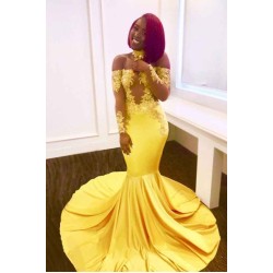 Off-the-shoulder yellow prom dress, mermaid long evening gowns