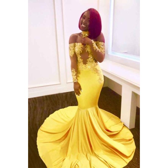 Off-the-shoulder yellow prom dress, mermaid long evening gowns