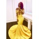 Off-the-shoulder yellow prom dress, mermaid long evening gowns