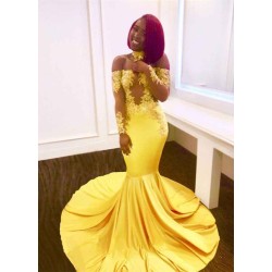 Off-the-shoulder yellow prom dress, mermaid long evening gowns