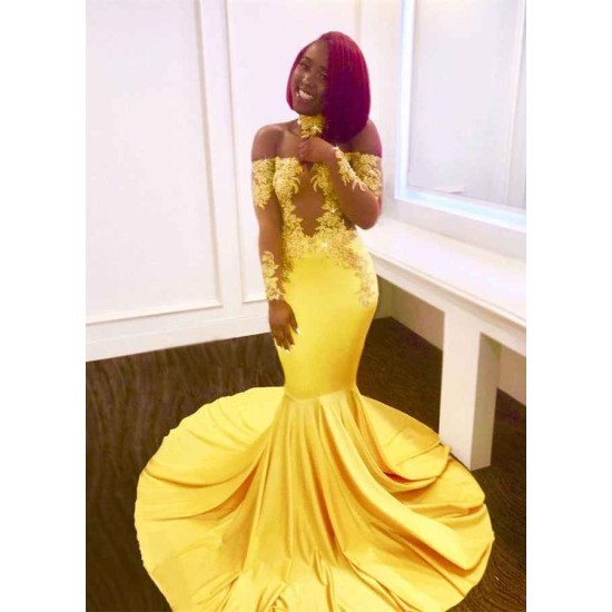 Off-the-shoulder yellow prom dress, mermaid long evening gowns