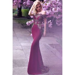 Off-the-Shoulder Formal Evening Dress Beads Appliques Mermaid Prom Party Gowns with Gold Belt