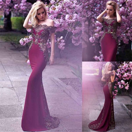 Off-the-Shoulder Formal Evening Dress Beads Appliques Mermaid Prom Party Gowns with Gold Belt