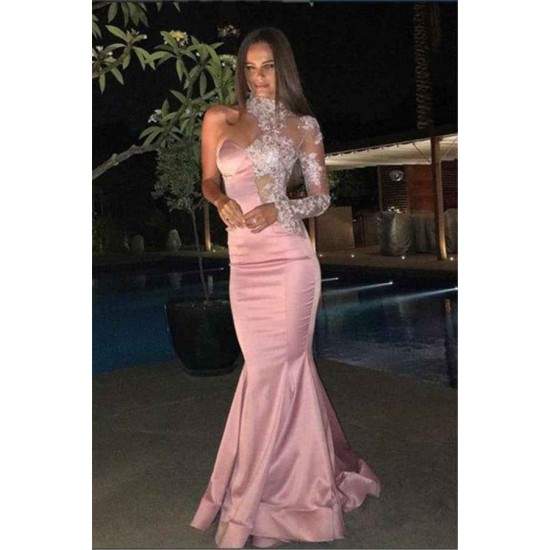 One-Shoulder Gorgeous High-Neck Mermaid Lace Evening Dress