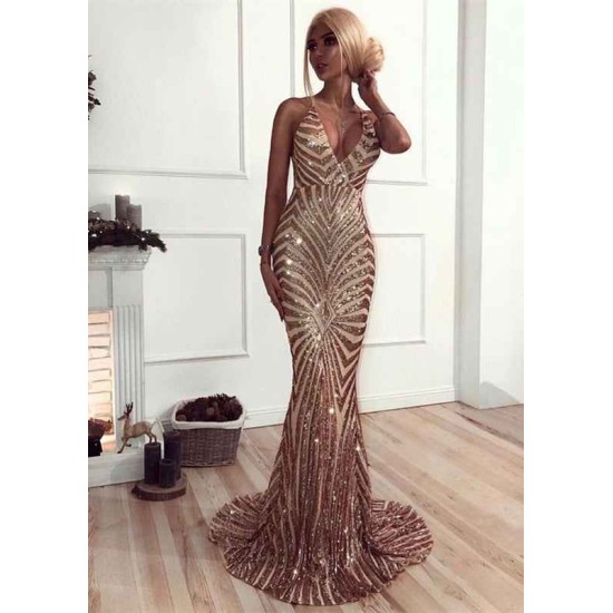 Chic V-Neck Mermaid Prom Party Gowns| Sequins Long Evening Dress