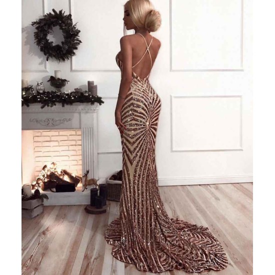 Chic V-Neck Mermaid Prom Party Gowns| Sequins Long Evening Dress