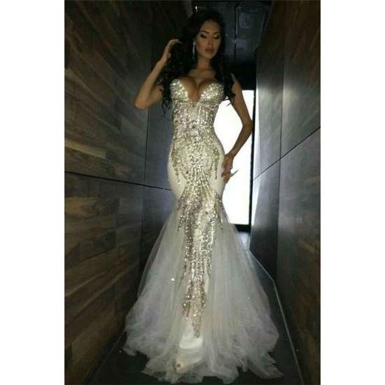 Sweetheart White Mermaid Prom Dresses Crystal Mermaid Evening Dresses