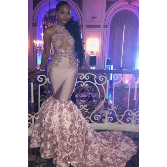 Pink Lace Prom Party Gowns| Mermaid Evening Gowns With Bottom Flowers
