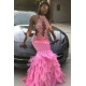Pink Halter Mermaid Feather Prom Party GownsAppliques Evening Dressing