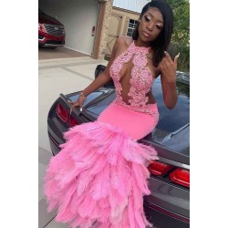 Pink Halter Mermaid Feather Prom Party GownsAppliques Evening Dressing