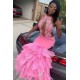 Pink Halter Mermaid Feather Prom Party GownsAppliques Evening Dressing