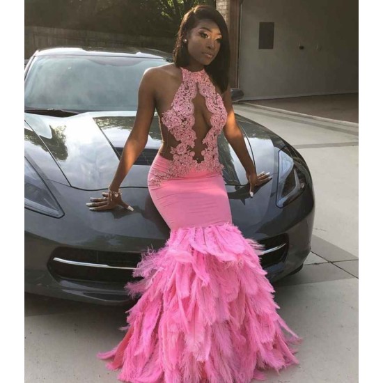 Pink Halter Mermaid Feather Prom Party GownsAppliques Evening Dressing