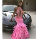 Pink Halter Mermaid Feather Prom Party GownsAppliques Evening Dressing