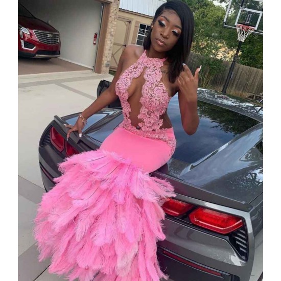 Pink Halter Mermaid Feather Prom Party GownsAppliques Evening Dressing