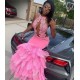 Pink Halter Mermaid Feather Prom Party GownsAppliques Evening Dressing