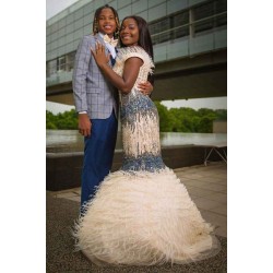 Fluffy Beading Evening Gowns Fur Cap Sleeve Prom Gown