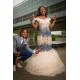 Fluffy Beading Evening Gowns Fur Cap Sleeve Prom Gown