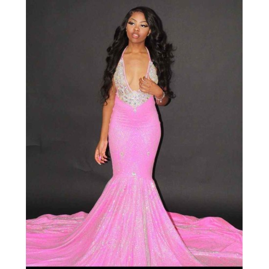 Chic Halter Mermaid Evening Gowns Backless Prom Party Gowns