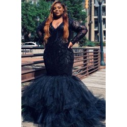 Plus Size V-neck Mermaid Evening Gowns Charming V-neck Feather Prom Gowns