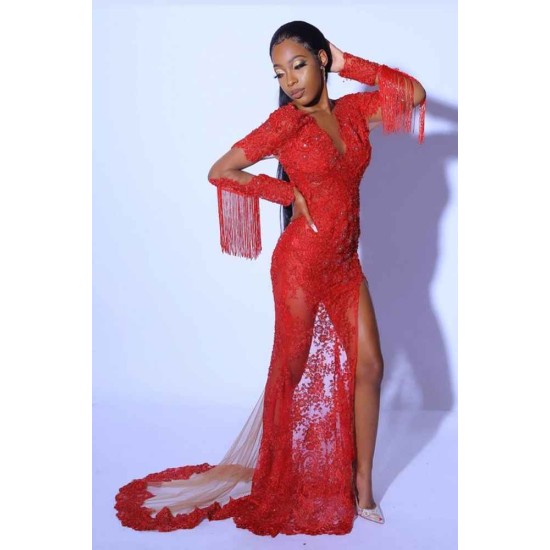 Chic Lace Long Evening party Dresses with sleeves