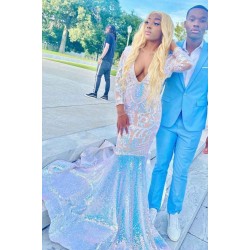 Glitter Long Sleeves Mermaid Evening Gowns Charming Prom Party Gowns Sweep Train