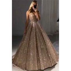 Shiny Gold Ball Gown Evening Dresses Chic V-Neck Sequin Prom Dresses