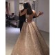 Shiny Gold Ball Gown Evening Dresses Chic V-Neck Sequin Prom Dresses