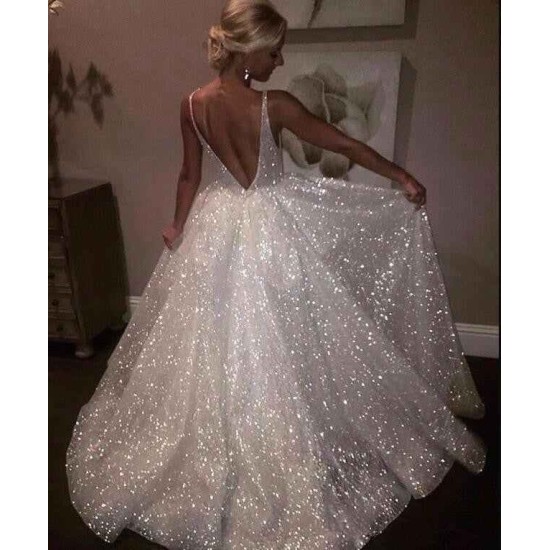 Bling Open Back Sleeveless Prom Dresses A-Line Shiny Evening Gowns