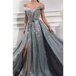 Charming Sequins Off-the-Shoulder Sleeveless Sweetheart Front Slit Shinny Long Prom Dress