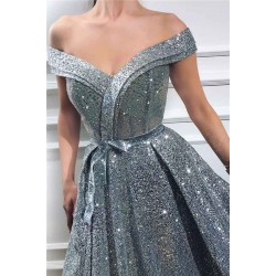 Charming Sequins Off-the-Shoulder Sleeveless Sweetheart Front Slit Shinny Long Prom Dress