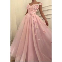 Pink Flowers A-Line Tulle Long Prom Party Gowns| Elegant Off-the-Shoulder Evening Gowns