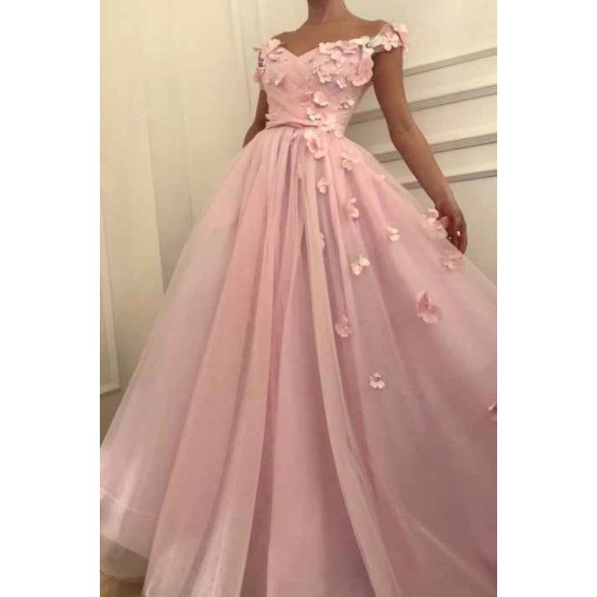 Pink Flowers A-Line Tulle Long Prom Party Gowns| Elegant Off-the-Shoulder Evening Gowns
