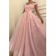 Pink Flowers A-Line Tulle Long Prom Party Gowns| Elegant Off-the-Shoulder Evening Gowns