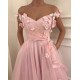 Pink Flowers A-Line Tulle Long Prom Party Gowns| Elegant Off-the-Shoulder Evening Gowns