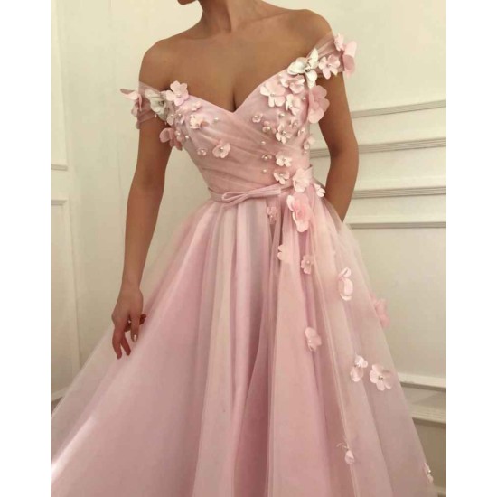 Pink Flowers A-Line Tulle Long Prom Party Gowns| Elegant Off-the-Shoulder Evening Gowns
