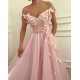 Pink Flowers A-Line Tulle Long Prom Party Gowns| Elegant Off-the-Shoulder Evening Gowns
