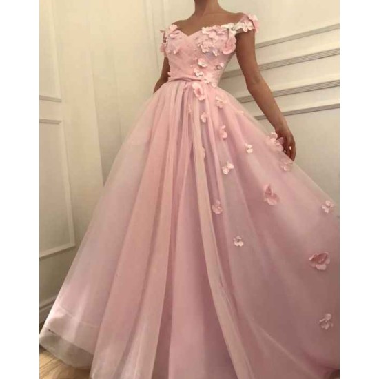 Pink Flowers A-Line Tulle Long Prom Party Gowns| Elegant Off-the-Shoulder Evening Gowns