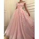 Pink Flowers A-Line Tulle Long Prom Party Gowns| Elegant Off-the-Shoulder Evening Gowns