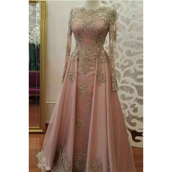 Applique Crystal Jewel Side slit Longsleeves Chic Evening Dresses with Charming Beads