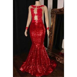 New Arrival Long Sleevess Sequins Mermaid Sheer Tulle Red Long Evening Dress