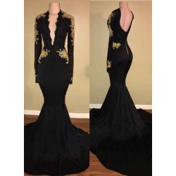Chic Black and Gold Prom Dresses Deep V-Neck Long Sleevess Evening Gowns