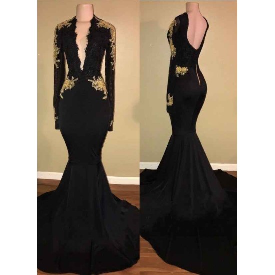 Chic Black and Gold Prom Dresses Deep V-Neck Long Sleevess Evening Gowns