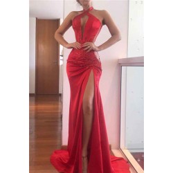 Sequined Split Front Mermaid Evening Gowns Halter Chic Prom dresses